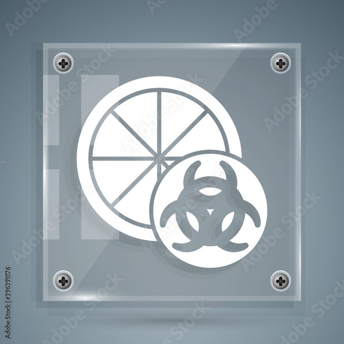 White Genetically modified citrus fruit icon isolated on grey background. Orange in a cut. Healthy lifestyle. GMO fruit. Square glass panels. Vector.