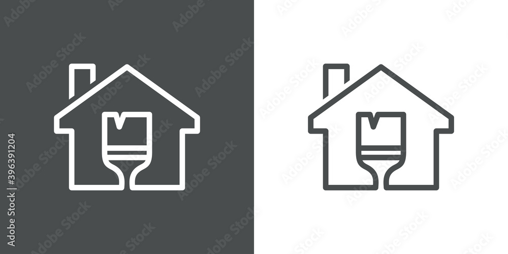 Logotipo con pincel de pintura en contorno de casa con lineas en fondo gris y fondo blanco Logotipo con pincel de pintura en contorno de casa con lineas en fondo gris y fondo blanco