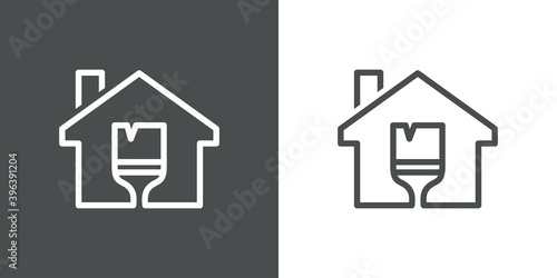 Logotipo con pincel de pintura en contorno de casa con lineas en fondo gris y fondo blanco