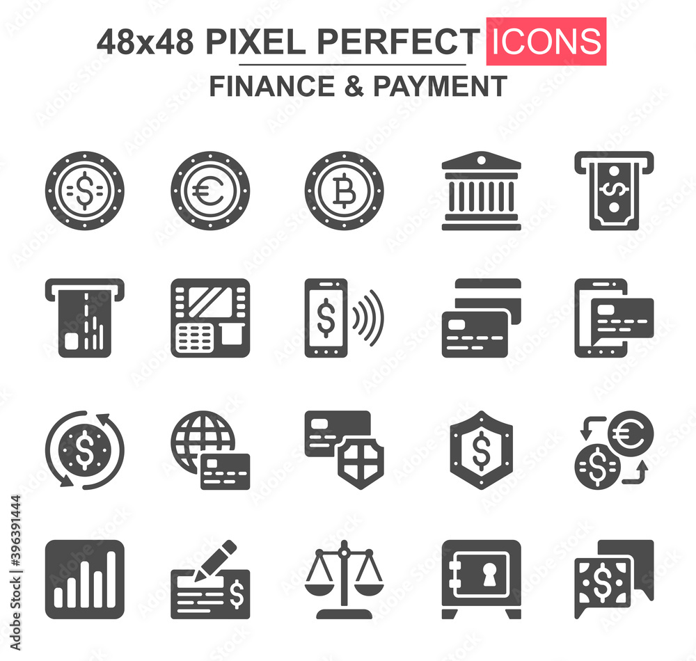 Finance and payment glyph icon set. Bank, currency, deposit, credit card, security, exchange, mobile wallet unique icons. Flat vector bundle for UI UX design. 48x48 pixel perfect GUI pictograms pack. Finance and payment glyph icon set. Bank, currency, deposit, credit card, security, exchange, mobile wallet unique icons. Flat vector bundle for UI UX design. 48x48 pixel perfect GUI pictograms pack.