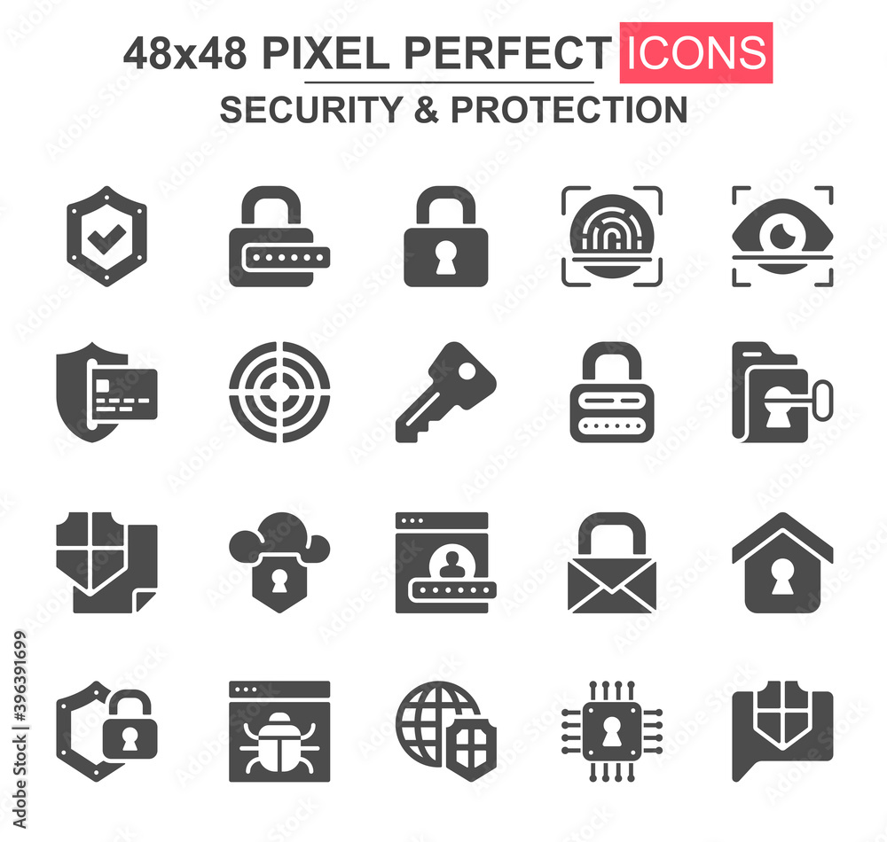 Security and protection glyph icon set. Password, padlock, fingerprint, retina scan, firewall, bug, shield unique icons. Flat vector bundle for UI UX design. 48x48 pixel perfect GUI pictograms pack.