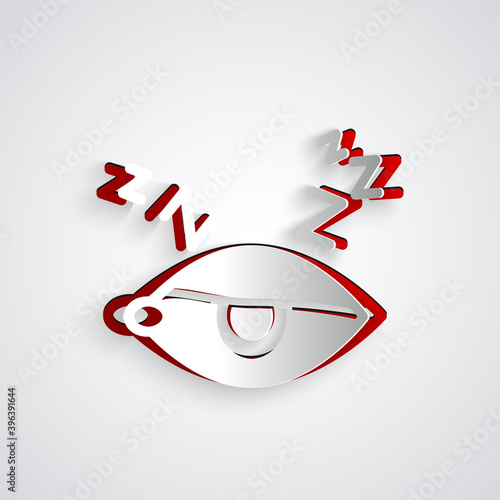 Paper cut Insomnia icon isolated on grey background. Sleep disorder with capillaries and pupils. Fatigue and stress. Paper art style. Vector.