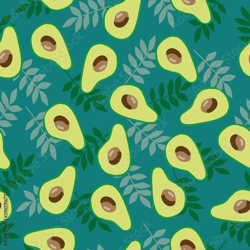 Simple avocado pattern. Blue greem background, ripe avocado, leaves. The print is well suited for textiles, Wallpaper and packaging.