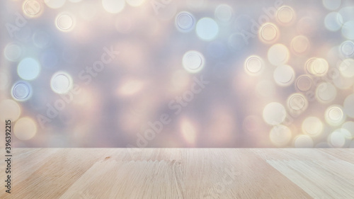 Tableau sur toile Mesa o piso de madera vacío con fondo de luces desenfocadas, borroso o abstracto