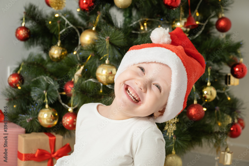 close up portrait little girl in Santa hat laughs near Christmas tree. close up portrait little girl in Santa hat laughs near Christmas tree.