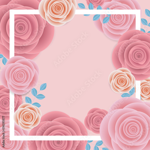 Pink rose flower frame template. Paper cut art style. Happy Valentine's Day background.