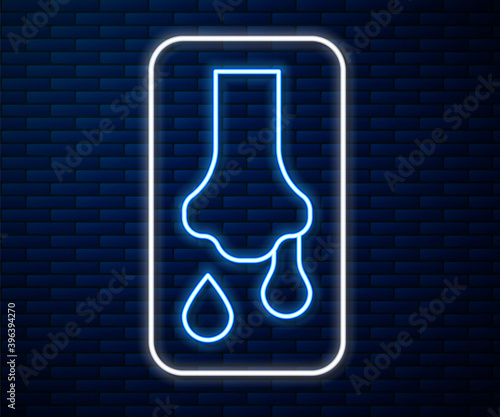 Glowing neon line Runny nose icon isolated on brick wall background. Rhinitis symptoms, treatment. Nose and sneezing. Nasal diseases. Vector.