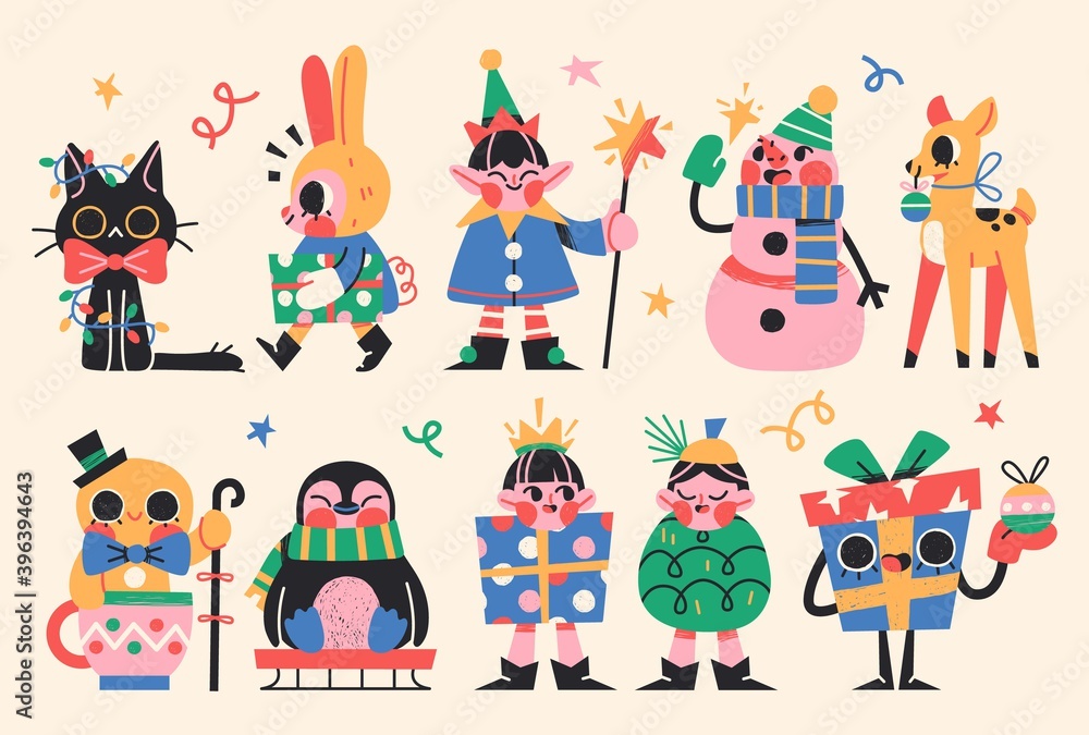 Set of Cute Merry Christmas and Happy New Year Illustrations or stickers. Festive christmas characters and objects. Vector Set of Cute Merry Christmas and Happy New Year Illustrations or stickers. Festive christmas characters and objects. Vector