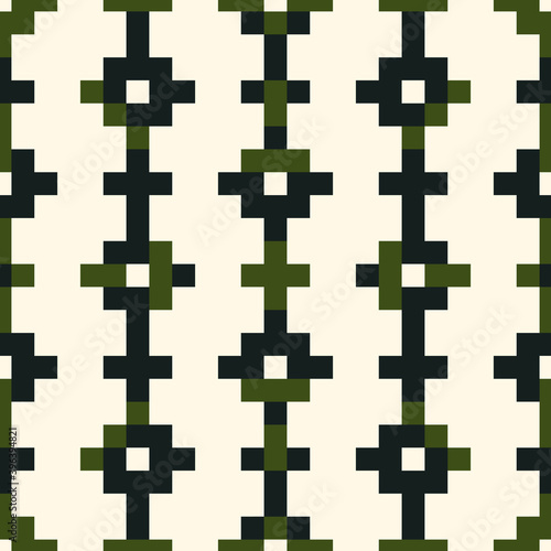 Seamless pattern. Ethnic embroidery background. Figures ornament. Tribe motif. Tribal wallpaper. Crosses, squares, rectangles image. Ancient backdrop. Digital paper, web design, textile print. Vector.