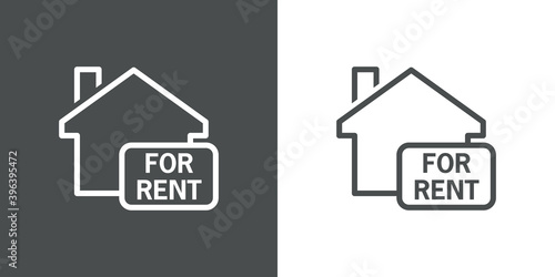 Logotipo con casa con cartel con texto FOR RENT con lineas en fondo gris y fondo blanco