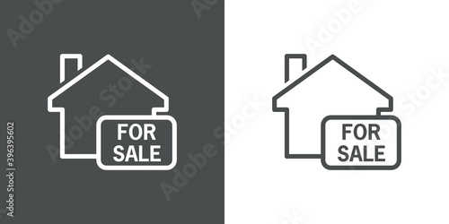 Logotipo con casa con cartel con texto FOR SALE con lineas en fondo gris y fondo blanco