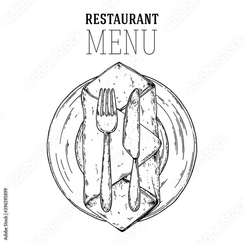 Plate with napkin, spoon, fork and knife sketch. Top view. Hand drawn vector illustration. Vintage sketch. Table setting.