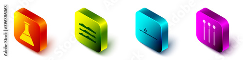 Set Isometric Test tube and flask, Cocaine or heroin drug, Opium pipe and Matches icon. Vector.