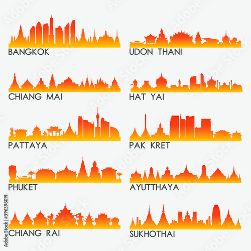 Thailand Skyline City Silhouette Design Collection. Vector Illustration Set Clip Art.