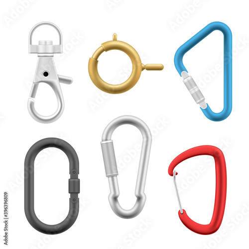 Carabiner clasps various round, oval, triangle design realistic set. Bracelet, pendant, necklace locks.