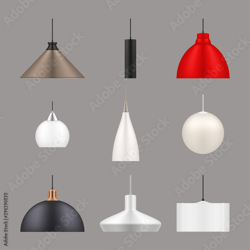 Lamps hanging different design realistic set. Pendant luminaires, chandeliers, electroliers.