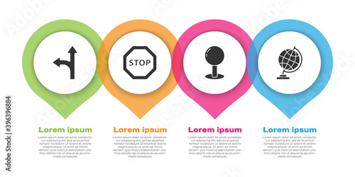 Set Road traffic sign, Stop sign, Push pin and Earth globe. Business infographic template. Vector.