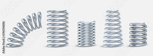 Springs metal straight, tapered, conical, short, long realistic set. Compressed coils, spirals.