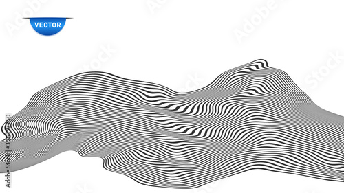 Optical art. Waves twisted from stripes, abstract, 3D. Monochrome black lines. Poster. Banner. Vector illustration background.