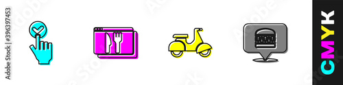 Set Online ordering and delivery, , Scooter and burger icon. Vector.