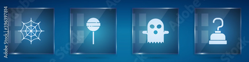Set Spider web, Lollipop, Ghost and Pirate hook. Square glass panels. Vector.