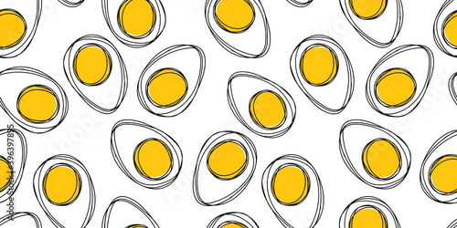 Breakfast Seamless pattern with  eggs. Doodle illustration of boiled eggs on white background. Vector background for textile, scrapbooking, wallpaper design