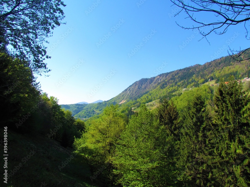 Obraz premium view of forest covered slopes under Jelovica plateaou in spring