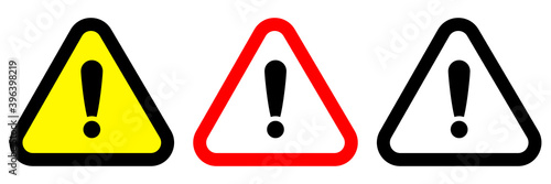 Exclamation mark of warning attention icon. Vector yellow attention warning triangle alert set