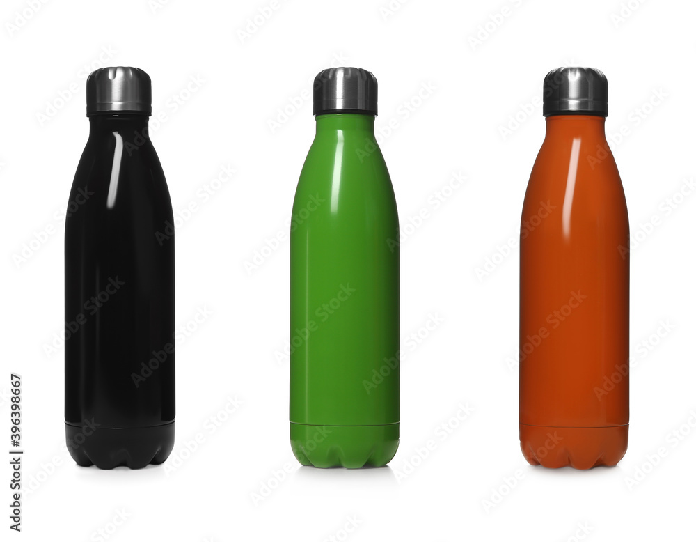Set of modern thermo bottles isolated on white Set of modern thermo bottles isolated on white
