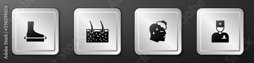 Set Flat foot, Hair covering skin, High human body temperature and Male doctor icon. Silver square button. Vector.