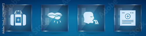 Set First aid kit, Herpes lip, Vomiting man and Clinical record. Square glass panels. Vector.