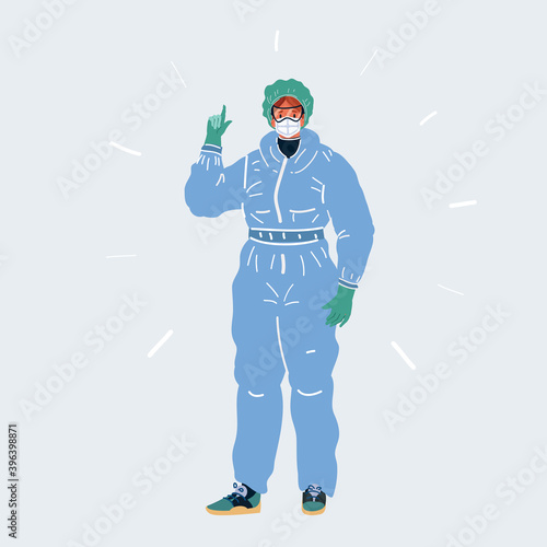 Vector illustration of female doctor wearing personal protection equipmenduring and mask. Woman on white backgound. Warning concept