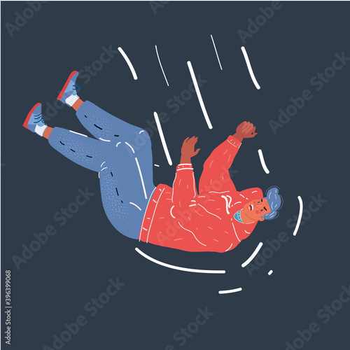 Vector illustration of falling businessman on dark backround.