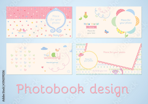 Photo book template. Double pages design for photo album. Scrapbook elements with space for text and photo