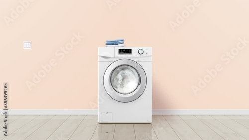 Modern laundry machine washing clothes. Pastel colours. Seamless loop realistic animation with sound.