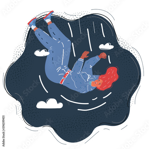 Vector illustration of woman upside down falls from above on dark background.