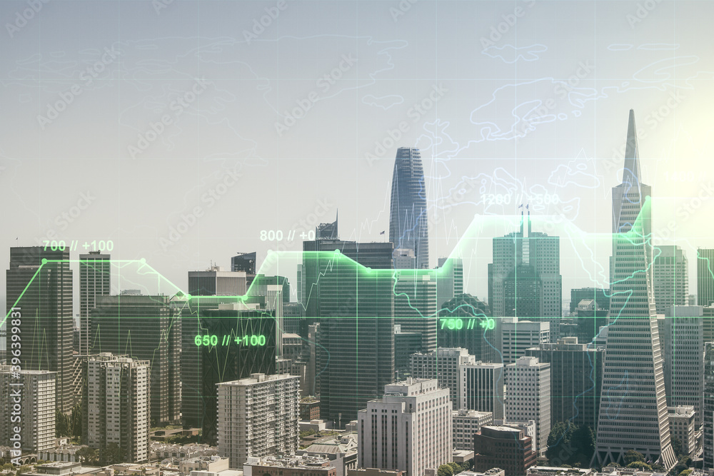 Fototapeta premium Abstract virtual analytics data spreadsheet on San Francisco cityscape background, analytics and analysis concept. Multiexposure