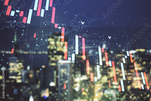 Wallpaper Mural Economic crisis chart and world map hologram on blurry skyscrapers background, bankruptcy and recession concept. Multiexposure Torontodigital.ca