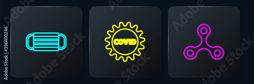 Set line Medical protective mask, Virus and Corona virus covid-19. Black square button. Vector.