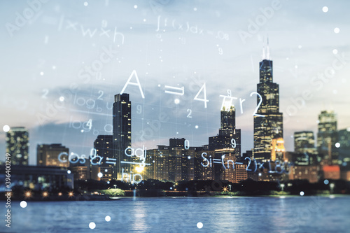 Abstract scientific formula hologram on Chicago skyline background. Multiexposure © Pixels Hunter