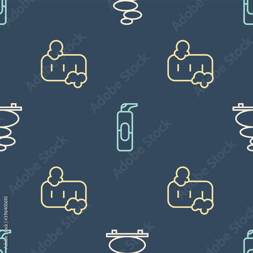 Set line Stack hot stones, Bar of soap with foam and Spray can for hairspray on seamless pattern. Vector.