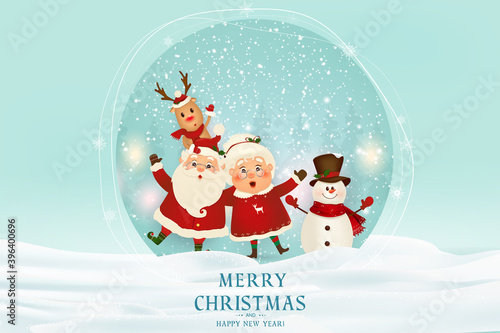 Merry Christmas. Happy new year. Funny Santa Claus with Mrs. Claus, red-nosed Reindeer, snowman in Christmas snow scene winter landscape. Mrs. Claus Together. Vector cartoon character of Santa Claus