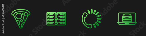 Set line Food ordering, Slice of pizza, Restaurant cafe menu and Online burger delivery. Gradient color icons. Vector.