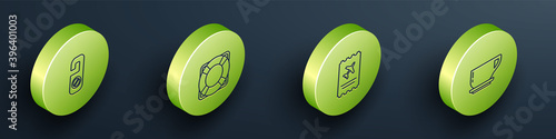 Set Isometric Please do not disturb, Lifebuoy, Airline ticket and Coffee cup icon. Vector.