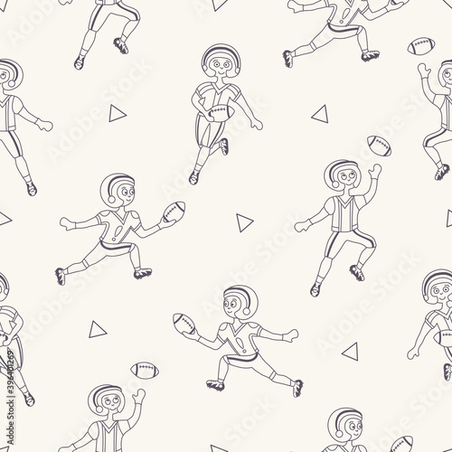 American football player seamless pattern. Coloring page background. Black and white 