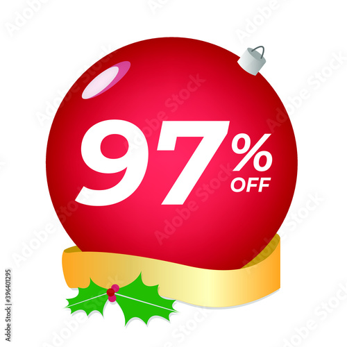 97% off. Ninety-seven percent discount. Christmas sale banner. Red bubble with ornaments on a white background vector.