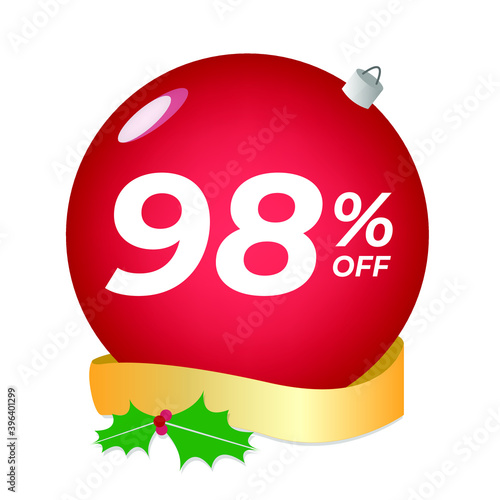 98% off. Ninety-eight percent discount. Christmas sale banner. Red bubble with ornaments on a white background vector.