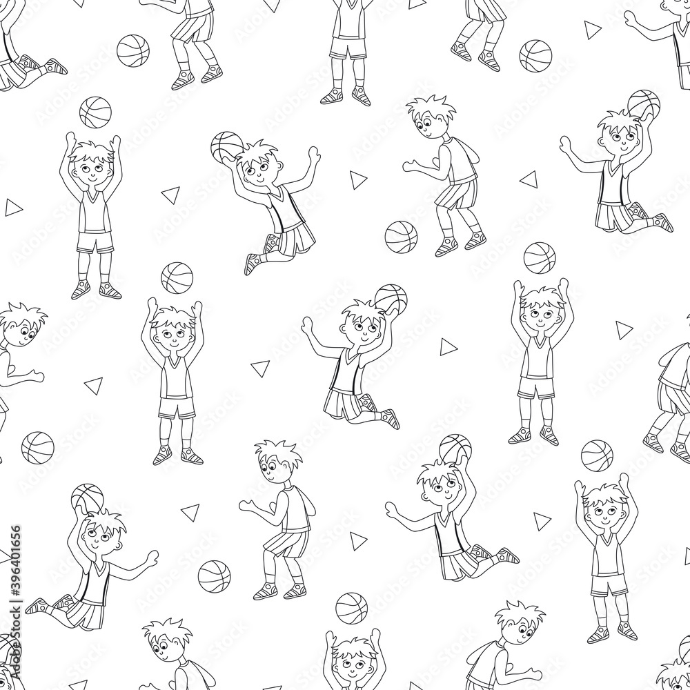 Basketball player seamless pattern. Coloring page background. Black and white colors