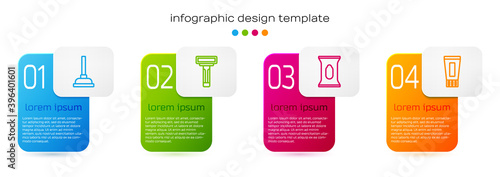 Set line Rubber plunger, Shaving razor, Wet wipe pack and Tube of toothpaste. Business infographic template. Vector.