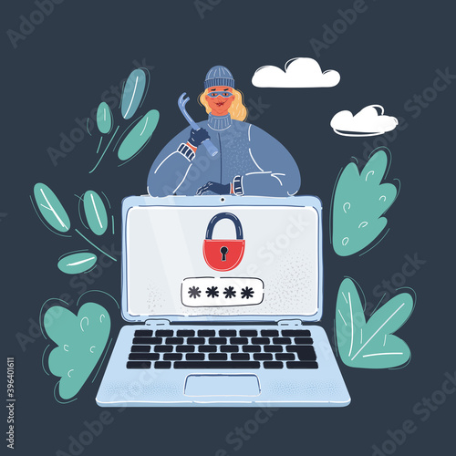 Vector illustration of young attractive woman wearing mask on dark and dangerous hacking laptop computer system. Cyber crime and internet criminal concept on dark backround.
